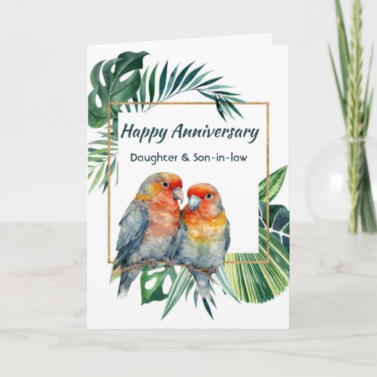 おめでとうインコの娘さん夫婦への結婚記念日 カード (正面)