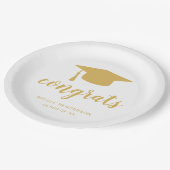 おめでとうエレガント金ゴールド及び白色卒業キャップ ペーパープレート (アングル)