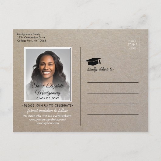 おめでとうグフェイクラフト紙日付写真を保存 案内ポストカード (裏面)