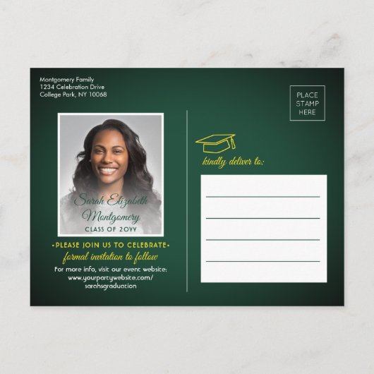 おめでとうグラッドグリーンと金ゴールド日付写真を保存 案内ポストカード (裏面)