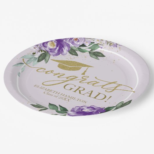 おめでとうグラッドパープルラベンダーフローラグラードパーティー ペーパープレート (アングル)