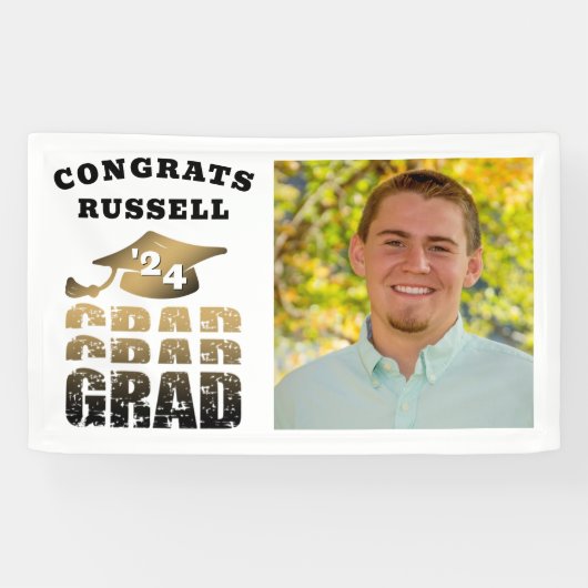 おめでとうグラッドブラック金ゴールドタイポグラフィ写真 横断幕 (横)