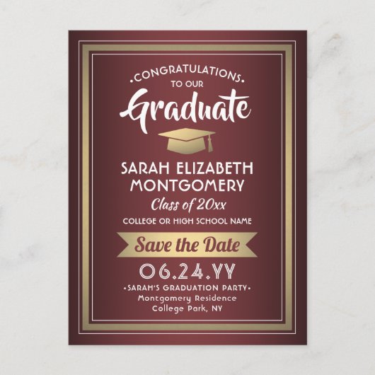 おめでとうグラッドブルゴーニュ&金ゴールド日付写真を保存 案内ポストカード (正面)