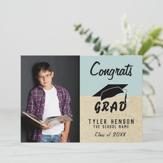 おめでとうグラッドブルー素朴写真卒業カード (スタンド正面)