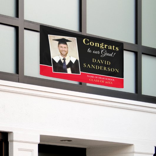 おめでとうグラッド写真名金ゴールド白黒赤 横断幕 (ビルの外側)