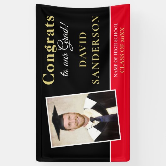 おめでとうグラッド写真名金ゴールド白黒赤 横断幕 (縦)