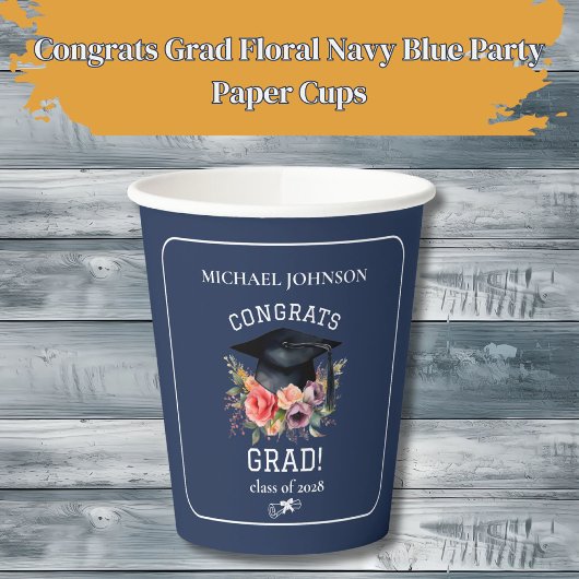 おめでとうグラードフローラネイビーブルーパーティー紙プレート 紙コップ