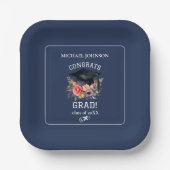 おめでとうグラードフローラネイビーブルーパーティー ペーパープレート (正面)