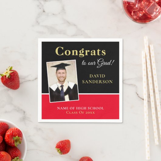 おめでとうグラード名フォトブラック赤金ゴールド スタンダードカクテルナプキン (インサイチュ)