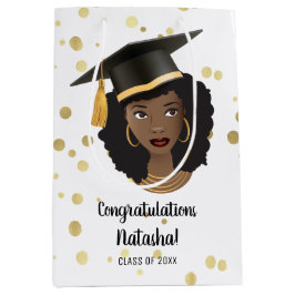 おめでとうグラード！黒い女性と卒業キャップ ミディアムペーパーバッグ