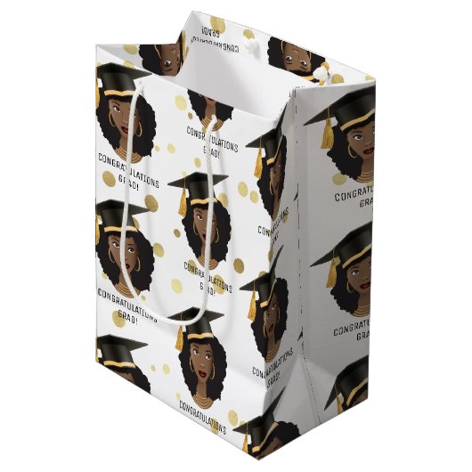 おめでとうグラード！黒い女性と卒業キャップ ミディアムペーパーバッグ (正面アングル)