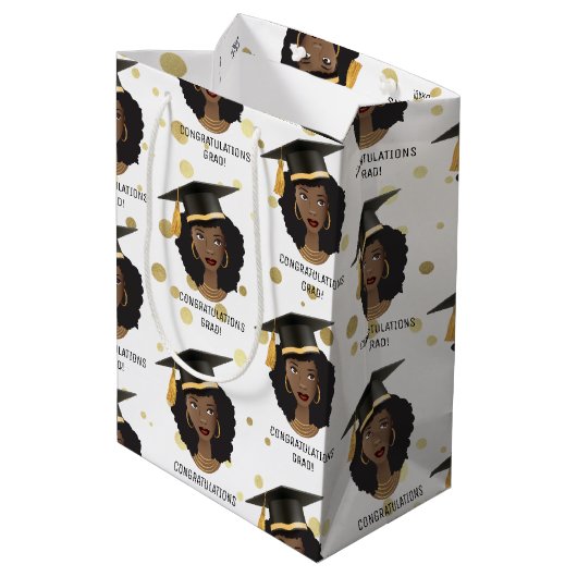 おめでとうグラード！黒い女性と卒業キャップ ミディアムペーパーバッグ (裏面アングル)