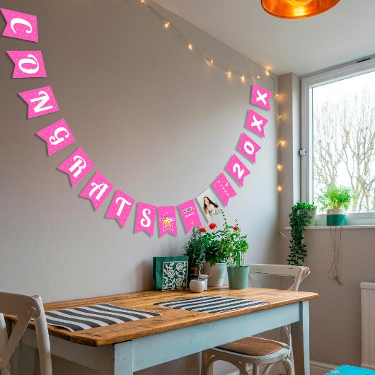 おめでとうスすごいラードピンク編集可能な写真名(年) バンティングフラッグ