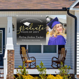 おめでとうスクリプト黒金ゴールド写真卒業 横断幕