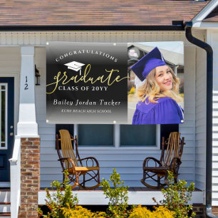 おめでとうスクリプト黒金ゴールド写真卒業 横断幕