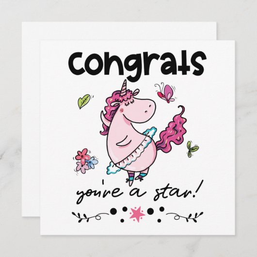 おめでとうスター漫画踊りユニコーンユーモアカード カード (正面/裏面)