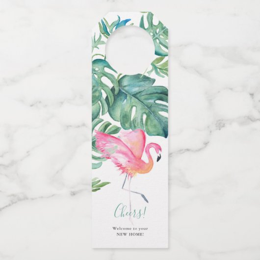 おめでとうズオンザニューホームピンクフラミンゴワインラベル ボトルネックタグ (正面)