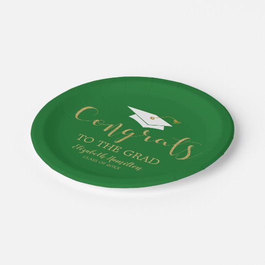 おめでとうズザグラード金ゴールドグリッター卒業グリーン ペーパープレート (アングル)