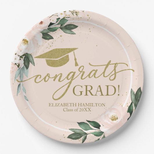 おめでとうズラージピンク赤面フローラ卒業パーティー ペーパープレート (正面)