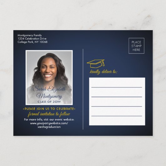 おめでとうズGrad Navy Blueと金ゴールド日付写真を保存 案内ポストカード (裏面)
