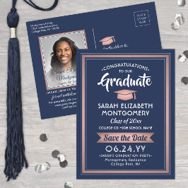 おめでとうズGrad Navy Blue & Pink Save the Date Photo 案内ポストカード