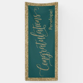 おめでとうタイポグラフィ金ゴールドグリッターとティール（緑がかった色） 横断幕 (縦)