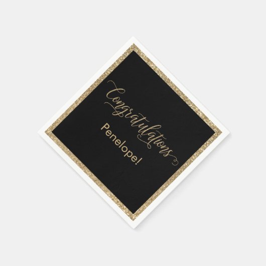 おめでとうタイポグラフィ金ゴールドグリッターとブラック スタンダードカクテルナプキン (角)