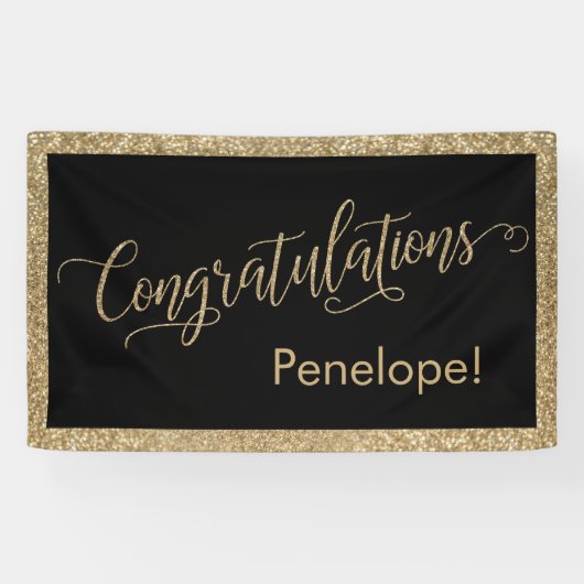 おめでとうタイポグラフィ金ゴールドグリッターとブラック 横断幕 (横)