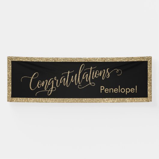おめでとうタイポグラフィ金ゴールドグリッターとブラック 横断幕 (横)