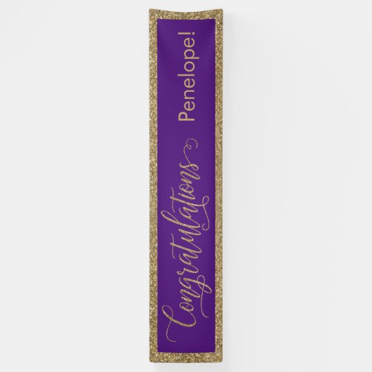 おめでとうタイポグラフィ金ゴールドグリッターと紫 横断幕 (縦)
