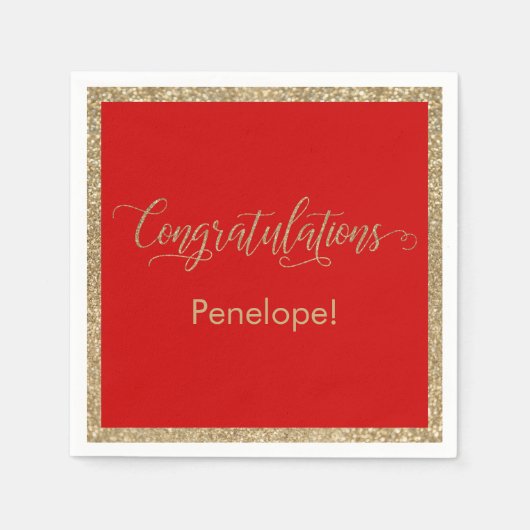 おめでとうタイポグラフィ金ゴールドグリッターオンレッド スタンダードカクテルナプキン (正面)