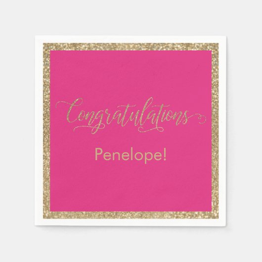 おめでとうタイポグラフィ金ゴールドグリッターホットピンク スタンダードカクテルナプキン (正面)