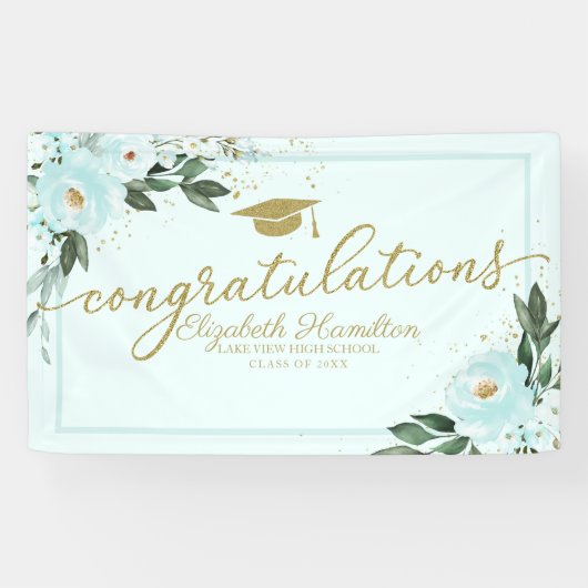 おめでとうティール（緑がかった色）フローラ卒業パーティー 横断幕 (横)