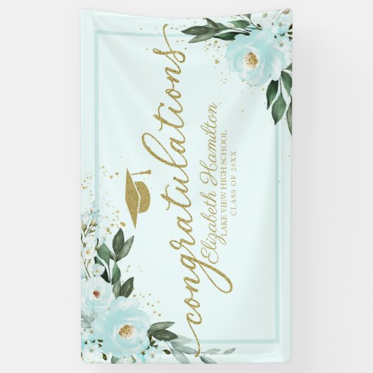おめでとうティール（緑がかった色）フローラ卒業パーティー 横断幕 (縦)