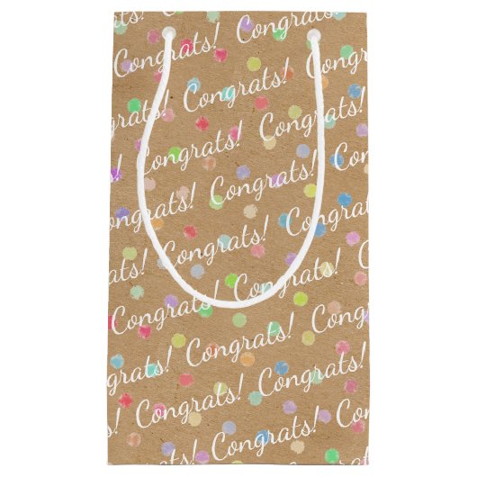 おめでとうドットパターフェイクン素朴ブラウンクラフト スモールペーパーバッグ (正面)