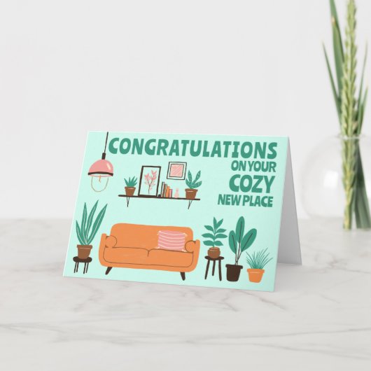 おめでとうニューホームコージーかわいいリビングルーム カード (正面)
