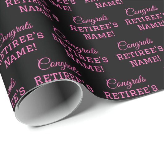 おめでとうパーソナライズされたリタイア!ホットピンクオンブラック ラッピングペーパー (ロールコーナー)