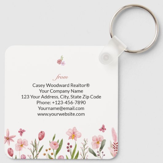 おめでとうパーソナライズされた不動産仲介業者ピンクの花 キーホルダー (裏面)