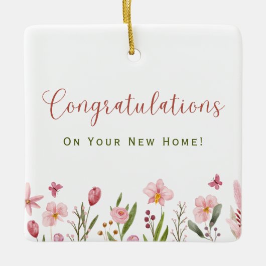 おめでとうパーソナライズされた不動産仲介業者ピンクの花 セラミックオーナメント (正面)