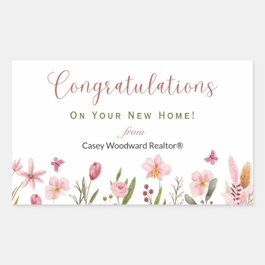 おめでとうパーソナライズされた不動産仲介業者ピンクの花 長方形シール (正面)