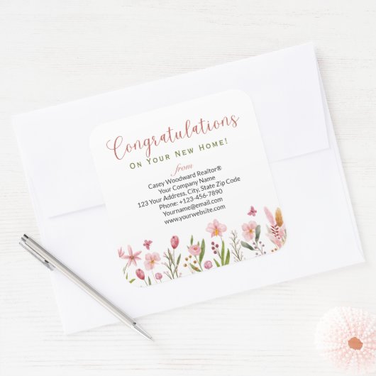 おめでとうパーソナライズされた不動産仲介業者フローラ スクエアシール (封筒)
