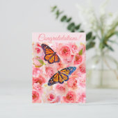 おめでとうピンクの水色のバラと蝶 ポストカード (スタンド正面)
