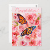 おめでとうピンクの水色のバラと蝶 ポストカード (正面/裏面)