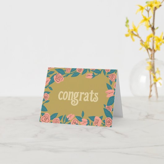 おめでとうピンクローゼフレームカスタムフローラ カード (黄色い花)