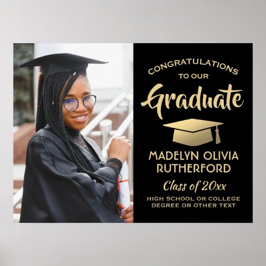 おめでとうフォトエレガントブラックと金ゴールドの卒業 ポスター (正面)
