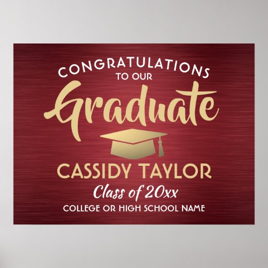 おめでとうブラシ付きブルゴーニュ赤と金ゴールド卒業 ポスター (正面)