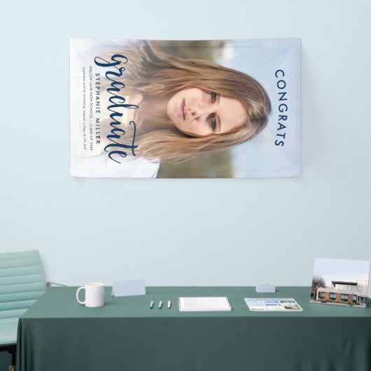 おめでとうブルースクリプト写真卒業 横断幕 (トレードショー)