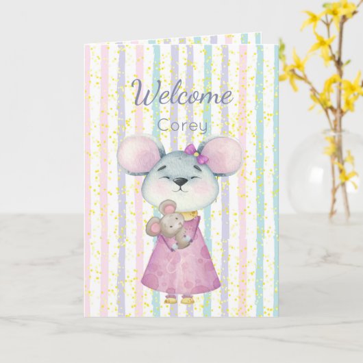 おめでとうベビーおもしろいかわいいマウスカスタム動物 カード (黄色い花)