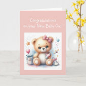 おめでとうベビーガールおもしろいテディベア カード (黄色い花)