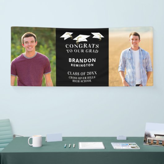 おめでとうモダングラッドキャップ2枚フォトブラック 横断幕 (トレードショー)